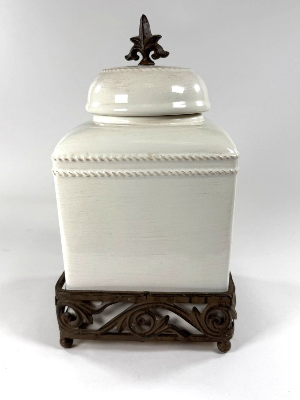 Unbranded White Ceramic Decorative Jar with Bronze Filigree Base